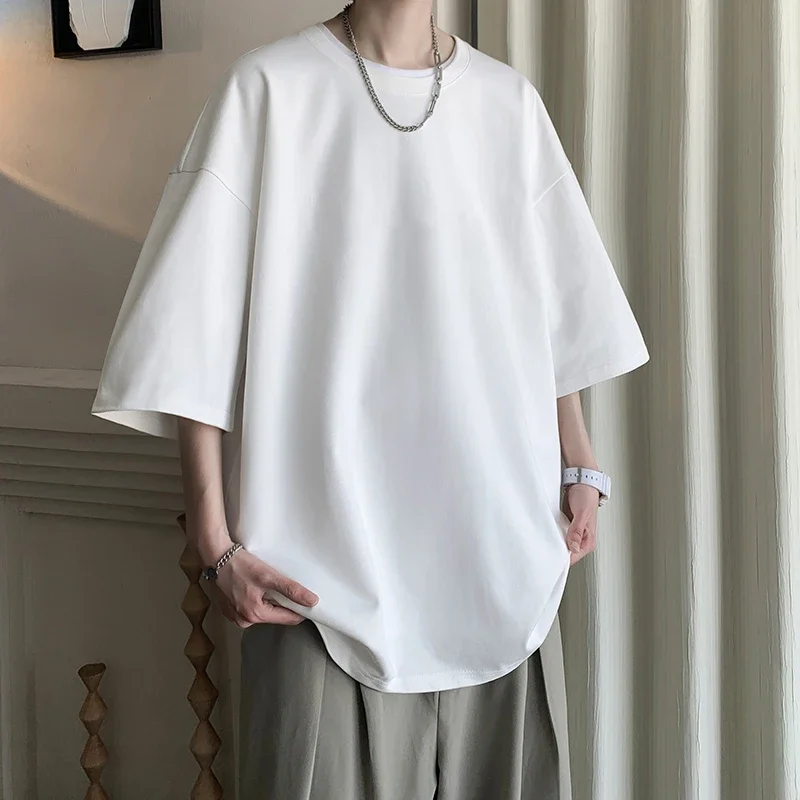 Letnie bawełniane koszulki męskie Solidne koszulki codzienne Męskie luźne koszulki z krótkim rękawem Moda Biało-niebieska koszulka Odzież męska Plus Size 5XL — zdjęcie 2