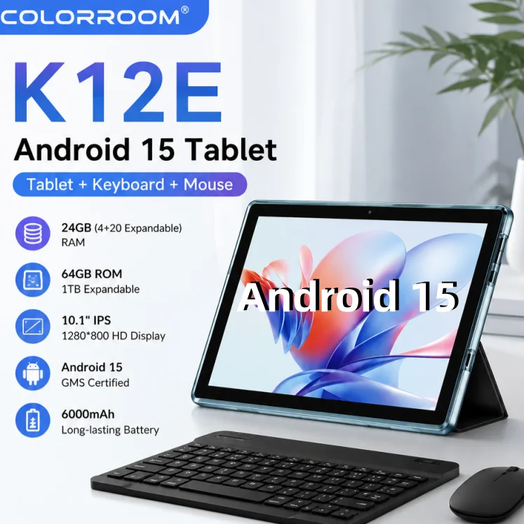 COLORROOM Android 15 10.1 Inch Tablet with Case,Keyboard Mouse, 24GB RAM 64GB ROM, GMS, 1TB Expandable, 2-in-1 Tablet for Work