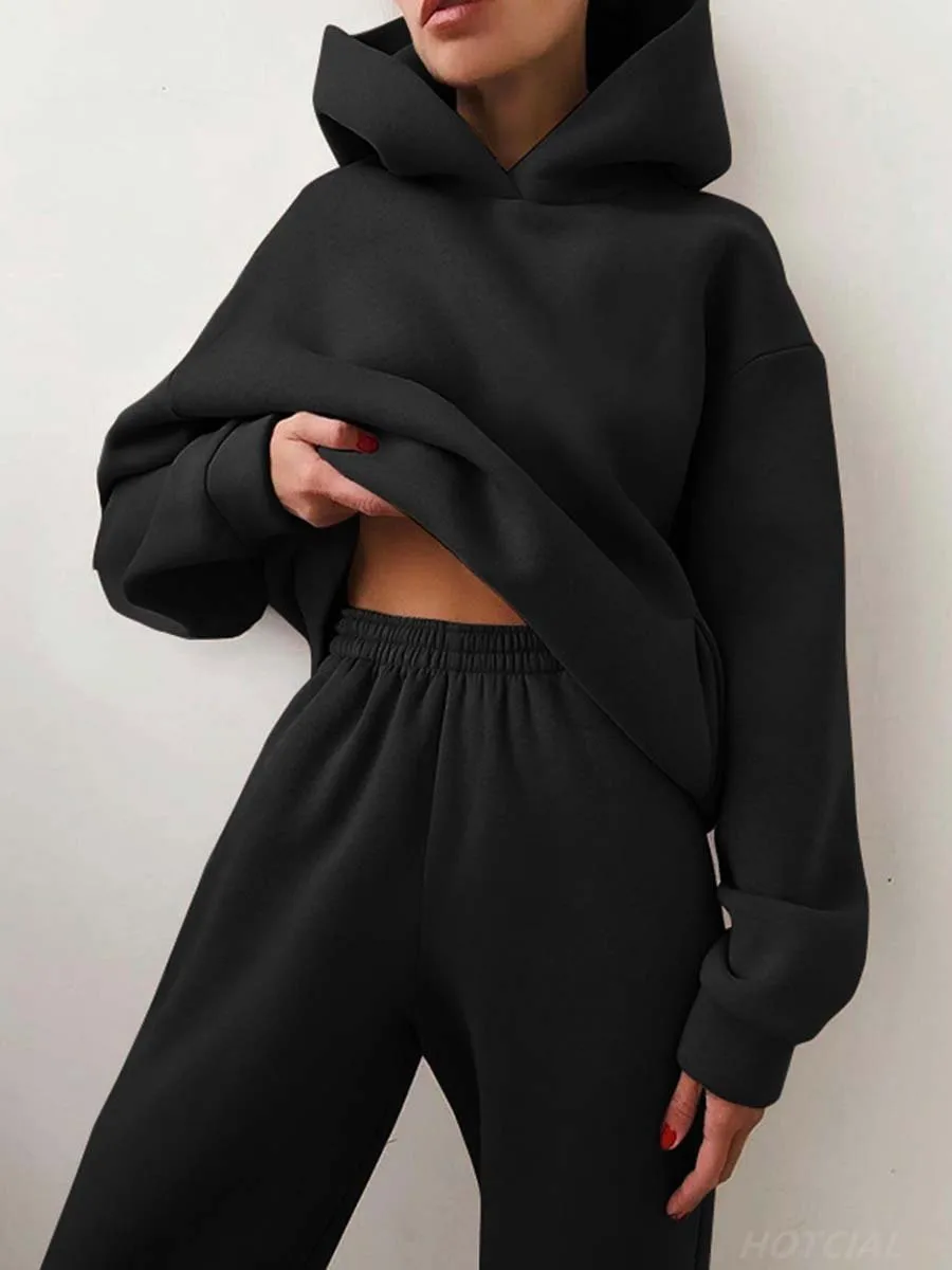 Women Tracksuit Hoodies Casual Solid Long Sleeve Fleece Warm Hooded Sportswear Suit Hoody Pullovers Long Pant Two Pieces Sets