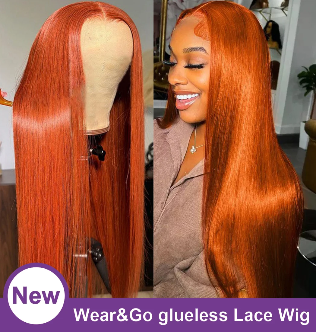 

Ginger Orange 350 Glueless 40 Inches Straight Human Hair Wig 13x4 9x6 Frontal Colored Wigs Preplucked For Women 180 Density