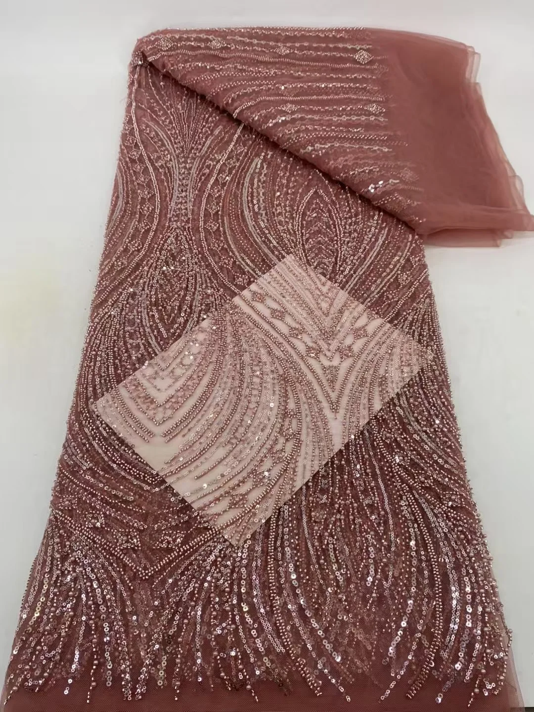 Beaded Sequin Lace Fabric European Flowing Chain Design Elegant Luxurious Evening Dress Gown 2025 High Quality Bead Sequin Lace