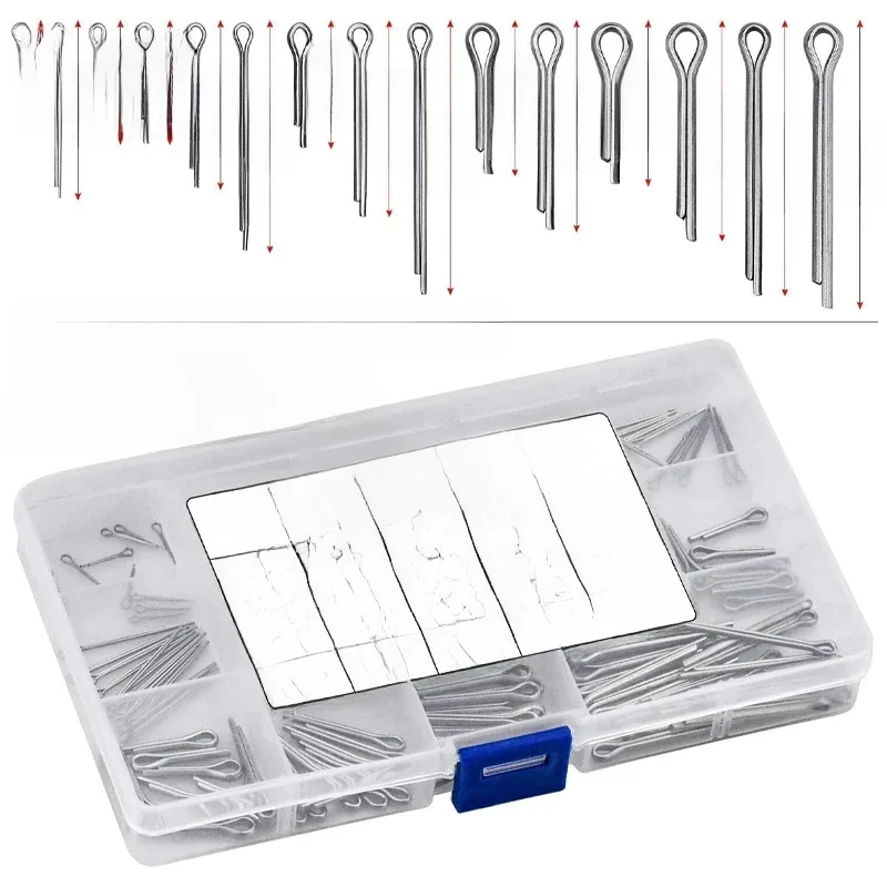 Kit d'assortiment de goupilles fendues en acier inoxydable 150/230/340 pièces, Kit d'assortiment de goupilles fendues en acier inoxydable 304 + boîte, épingle à cheveux à sifflet, épingle en U