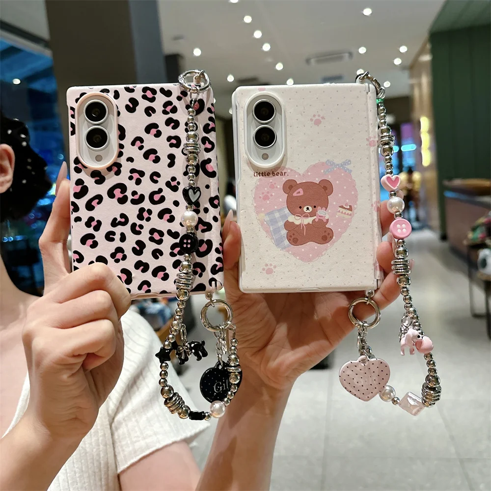 New Polka Dots Bear Leopard Pattern Leather Phone Case For Samsung Galaxy Z Fold 8 Fold 8 Cover With Chain Fashion Lovely Cases