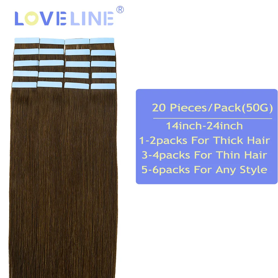 LOVELINE 14“--24” Tape in Hair Extensions Invisible Virgin Remy Human Hair Brown 100% Remy Human Hair Invisible For Women