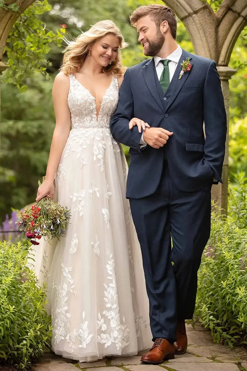 CloverBridal Gratis Aanpassen Diepe Halslijn Boheemse Trouwjurken Boho V Terug Bladvormen Kant 2024 Robe De Mariée WW8251