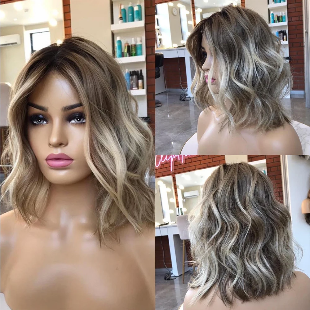 

Short Bob Human Hair Front Lace Wig Ash Blonde Highlights 13x6 Lace Front Wigs Ombre Blonde Dark Roots Virgin Hair Natural Wave