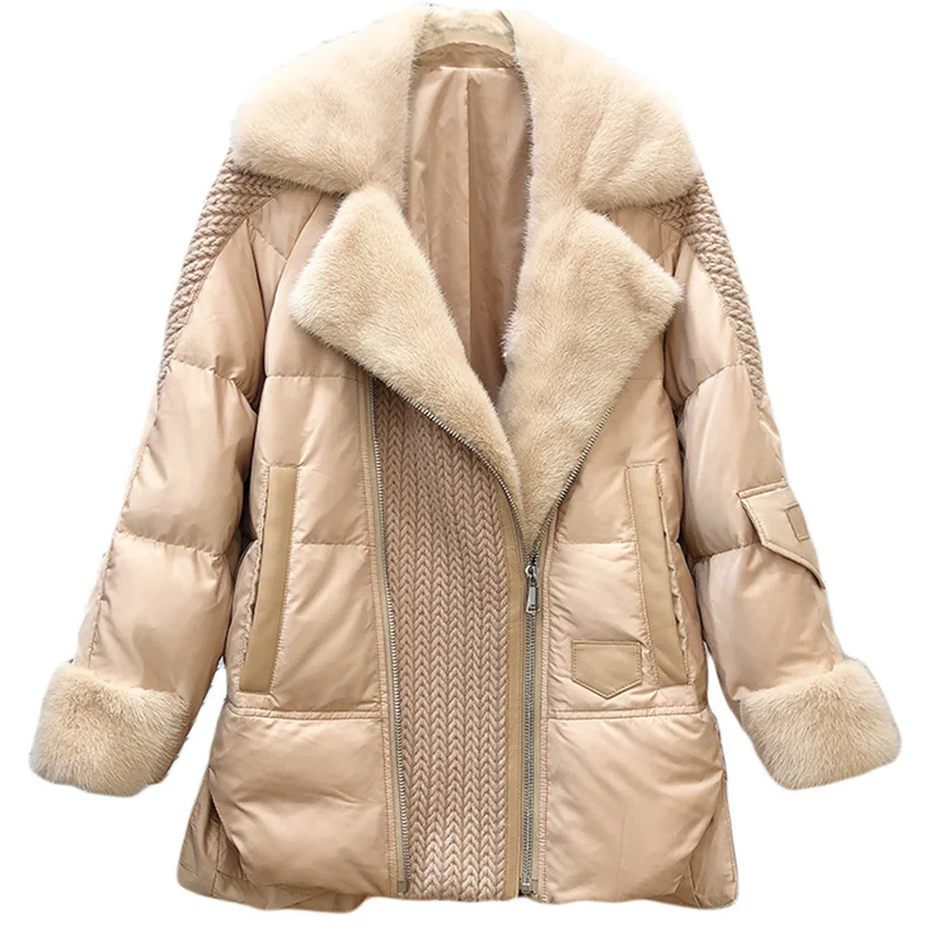 2022 Fashion New Autumn Winter Real Mink Fur Coat Women Natural Goose Feather Jacket Luxury Down Fur Hood Women