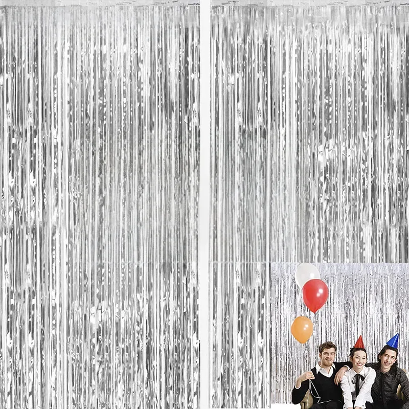 Rideau à franges en feuille métallique argentée 1x2m, 2 paquets, décoration d'arrière-plan pour anniversaire, mariage, enterrement de vie de jeune fille, anniversaire pour adultes