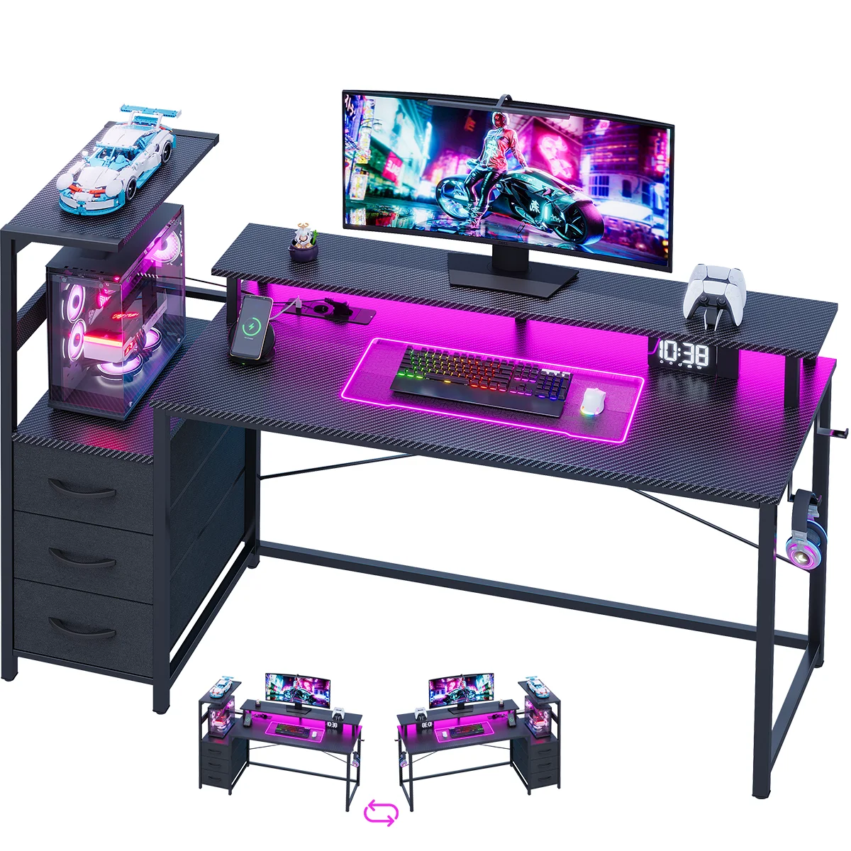 Mihtrov +Bureau Gaming Angle avec LED et Prises, 148x48x148 cm Bureau Gaming Réversible avec Étagères Avec sac de rangement et crochet pour le travail à domicile et les jeux, noir