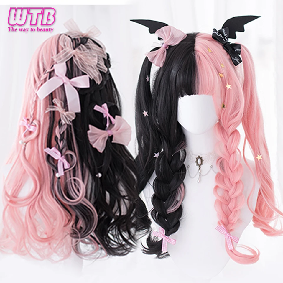 WTB-Peluca de cabello sintético para mujer, cabellera artificial ondulado largo con flequillo, color rosa y negro, Cosplay de Anime, fibra