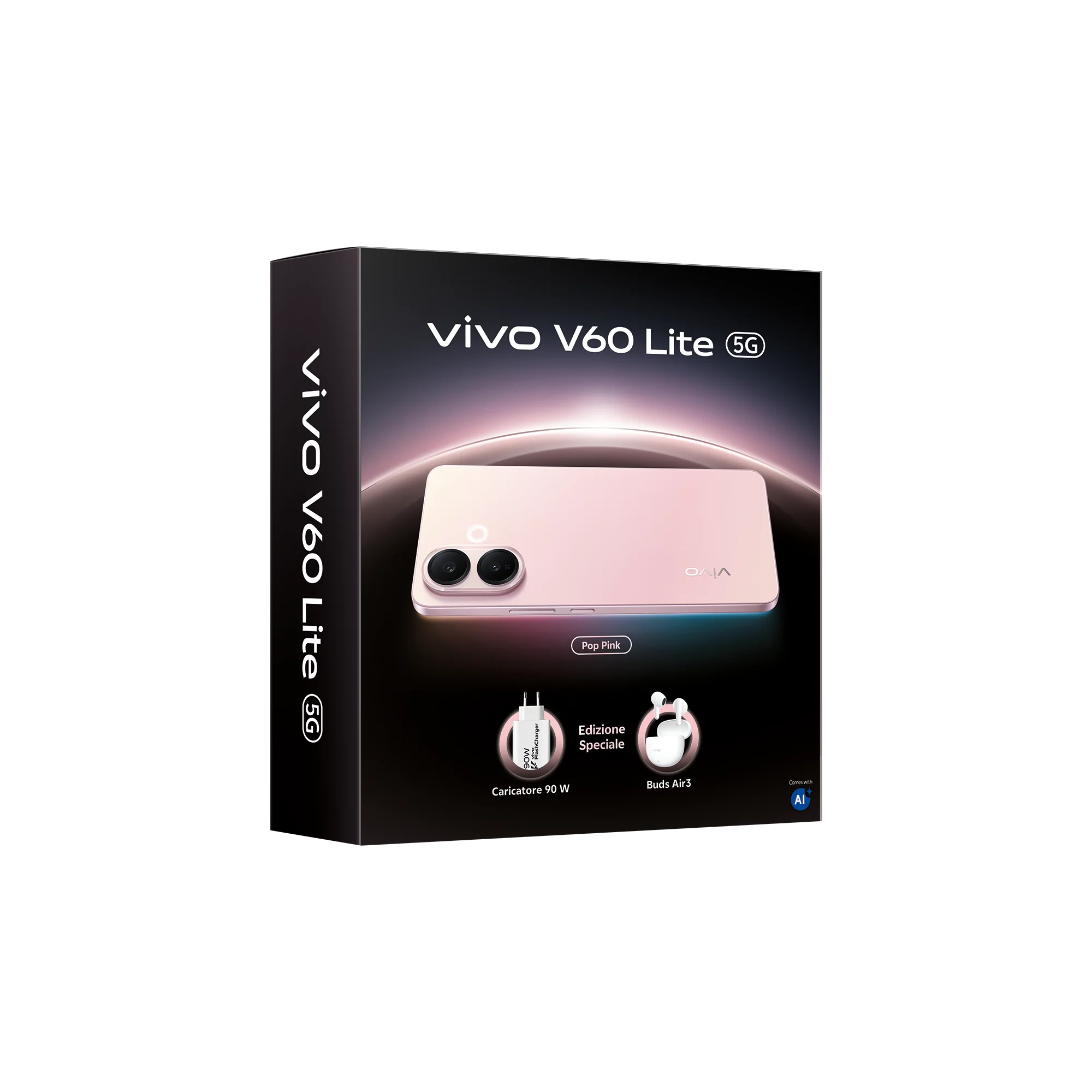 Vivo V60 Lite 5G Air3 + شاحن 90 وات Buds Pack، بطارية BlueVolt 6500 مللي أمبير في الساعة، كاميرات AI مع مستشعر Sony IMX882 50 ميجابكسل، Aura Light، 8 + 8 جيجابايت رام، 256 جيجابايت، شاشة AMOLED 120 هرتز، IP65، NFC