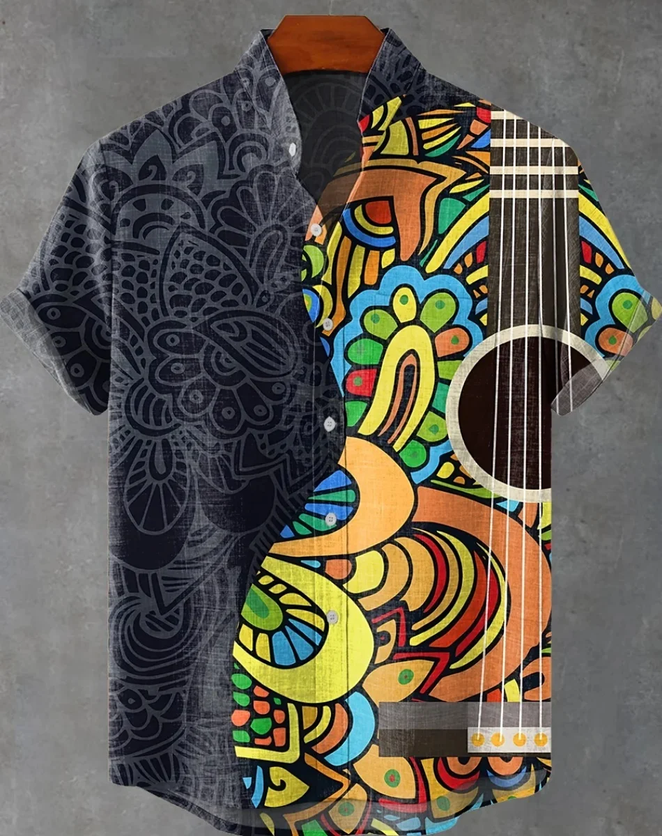 뉴 하와이 남성 여름 캐주얼 리넨 빈티지 셔츠 음악 프린트 반소매 버튼 탑 루즈 대형 반소매 셔츠 Fas