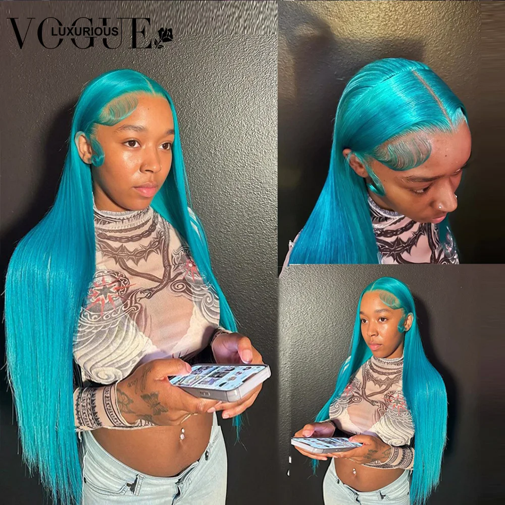 Straight 13X4 Transparent Lace Front Human Hair Wigs Light Lake Blue Colored Brazilian Remy On Sale Frontal Wig Pre Plucked