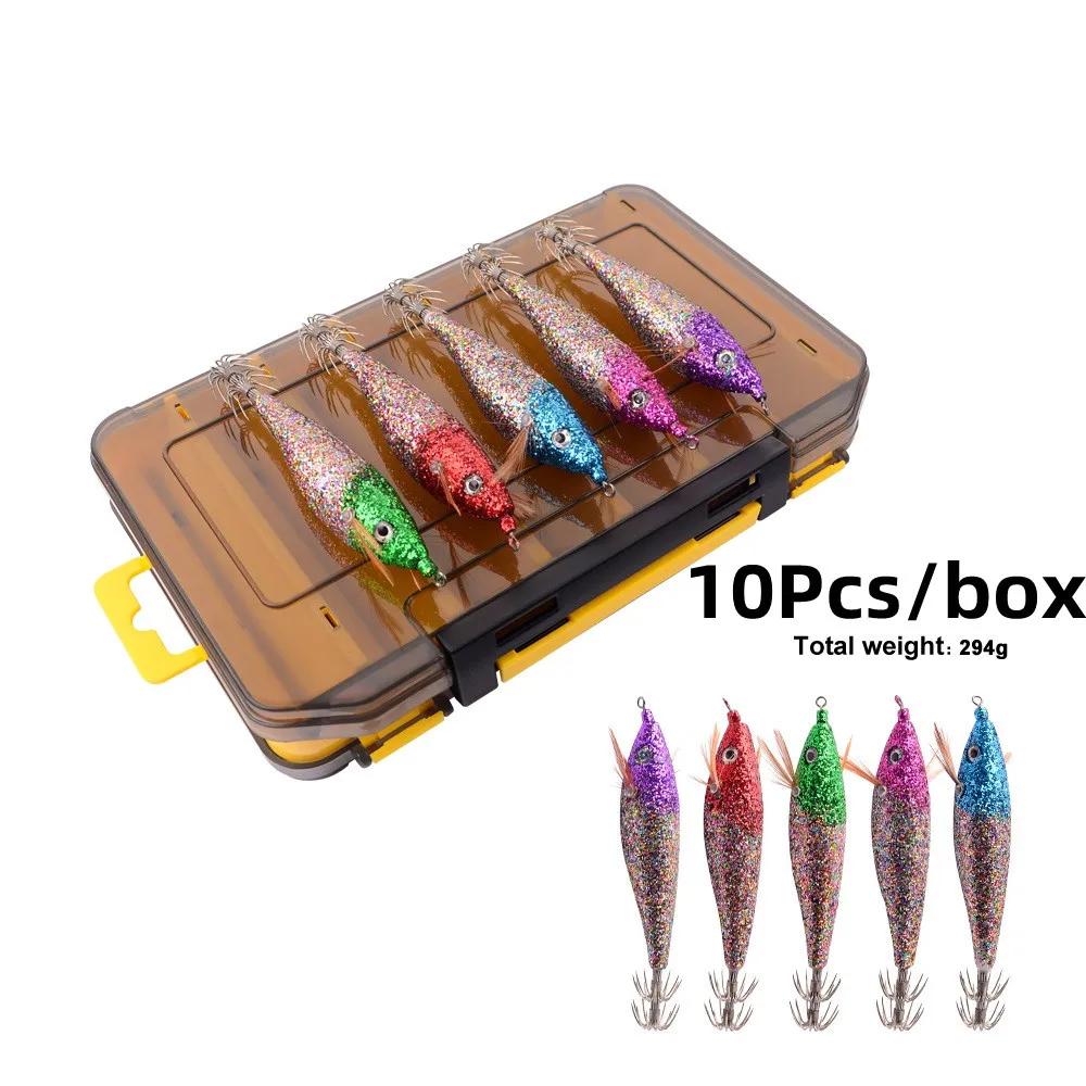 

ILURE 10Pcs Squid Jigs Fishing Lures with Box 10cm Shiny Wood Shrimp Octopus Colorful Laser Sequin Artificial Wobbler Baits