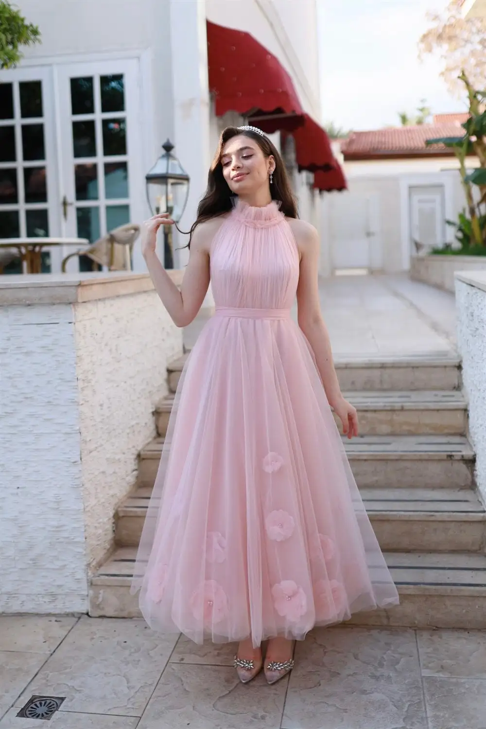 Powder Pink Floral Tulle Prom Dress Ankle Length Halter Long Evening Gowns Formal Party Graduation vestidos de fiesta elegantes