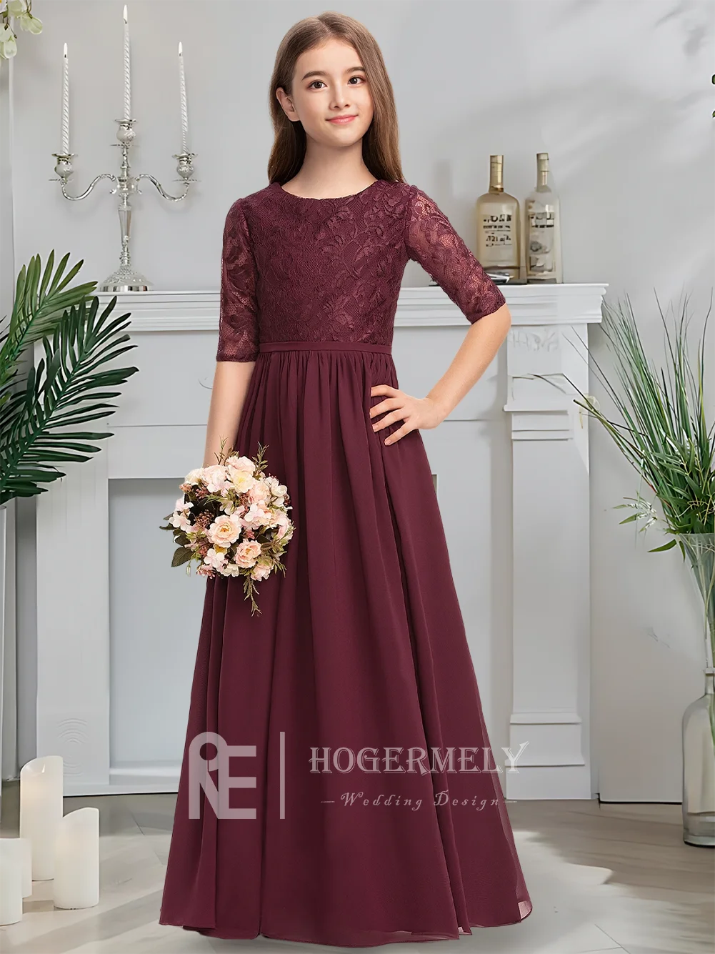 Elegante abito da damigella d'onore junior in pizzo chiffon con scollo rotondo a trapezio Abito da ragazza di fiori con rubino Abito da cerimonia nuziale lungo fino al pavimento