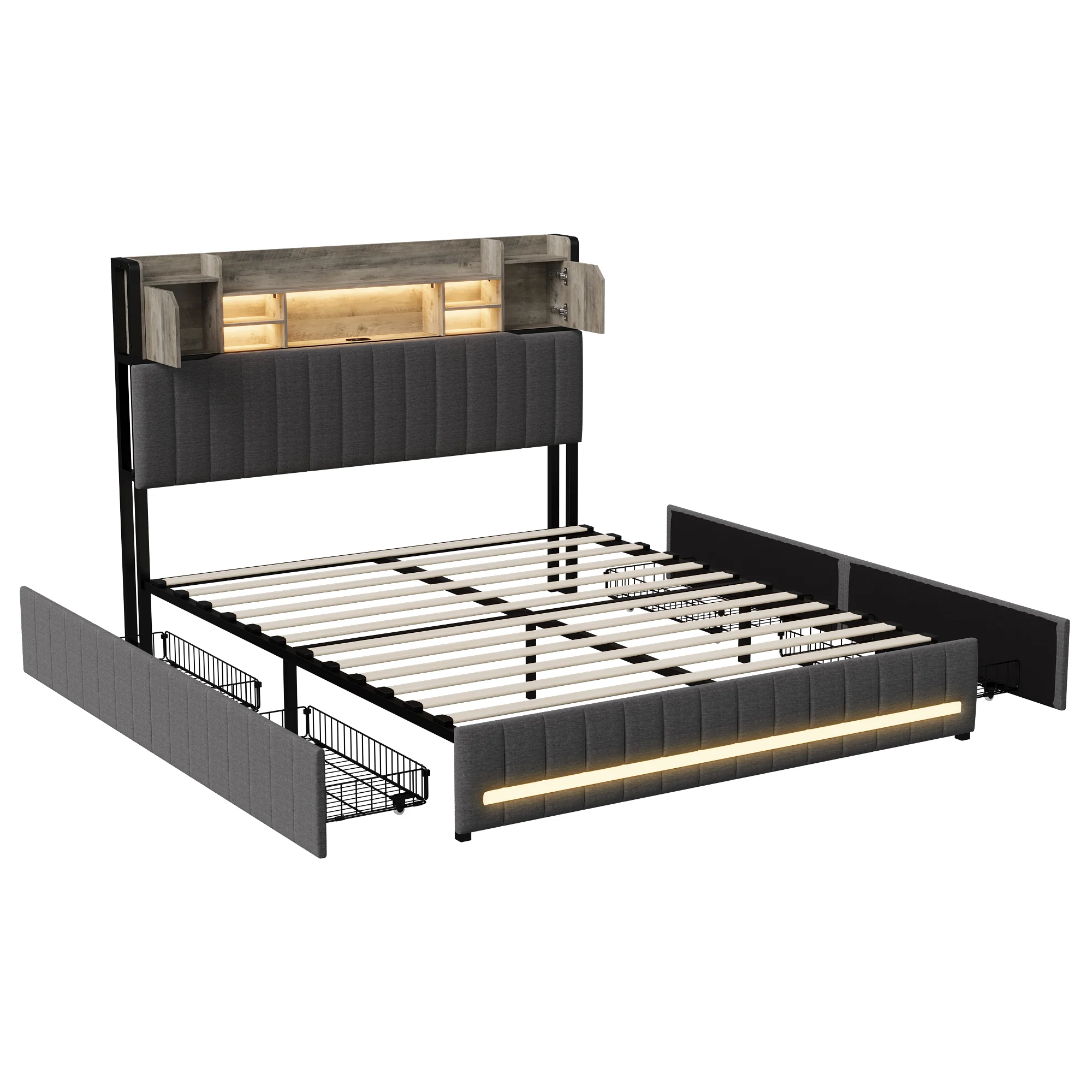 Dubbel gewatteerd bed met 4 lades, gewatteerd hoofdeinde, opbergvak, met LED en USB-oplader, lijnzaad, grijs - afbeelding 2