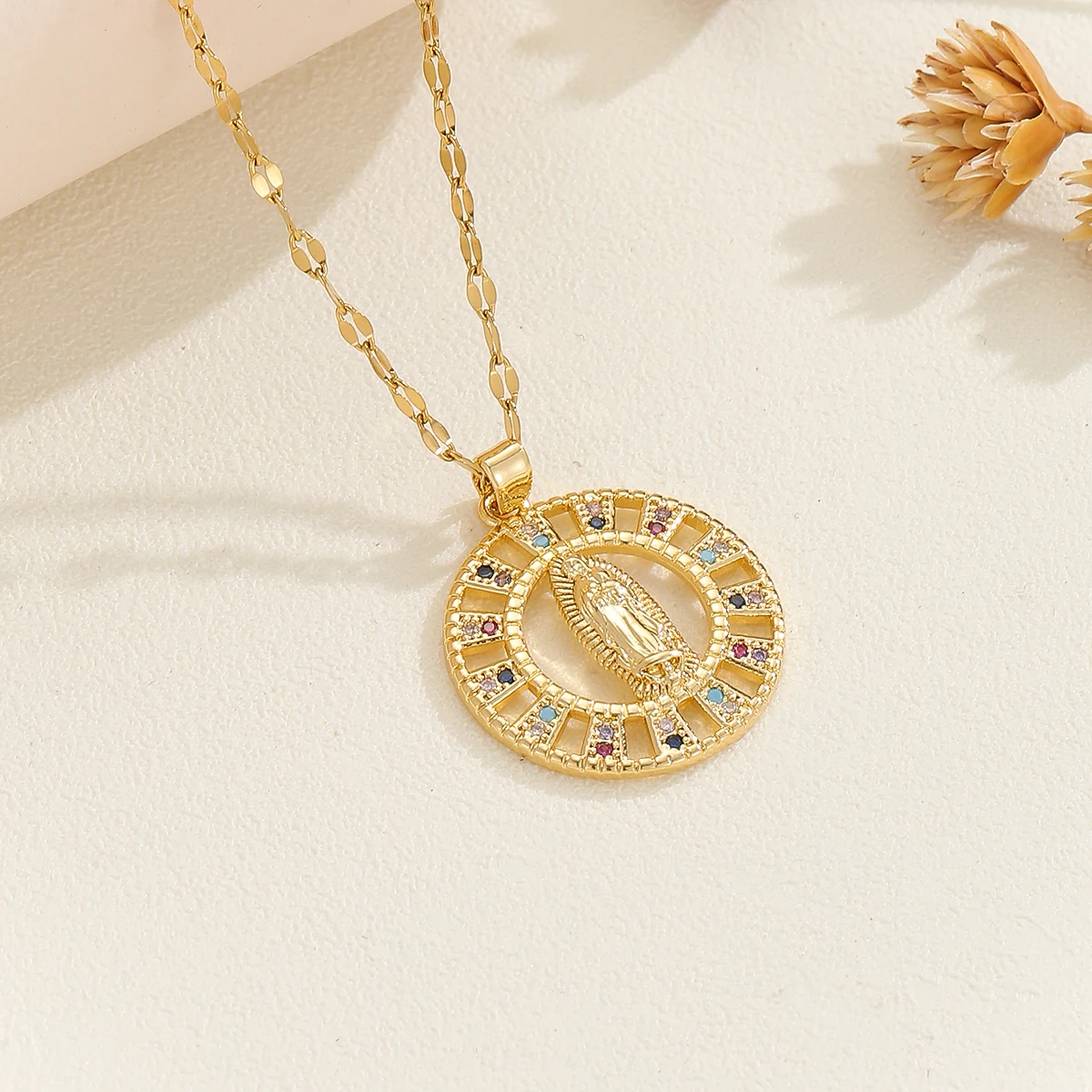 Retro Fashion Our Lady Series Necklace For Women Micro-inlaid Colored Zircon Round Necklace For Family Gift