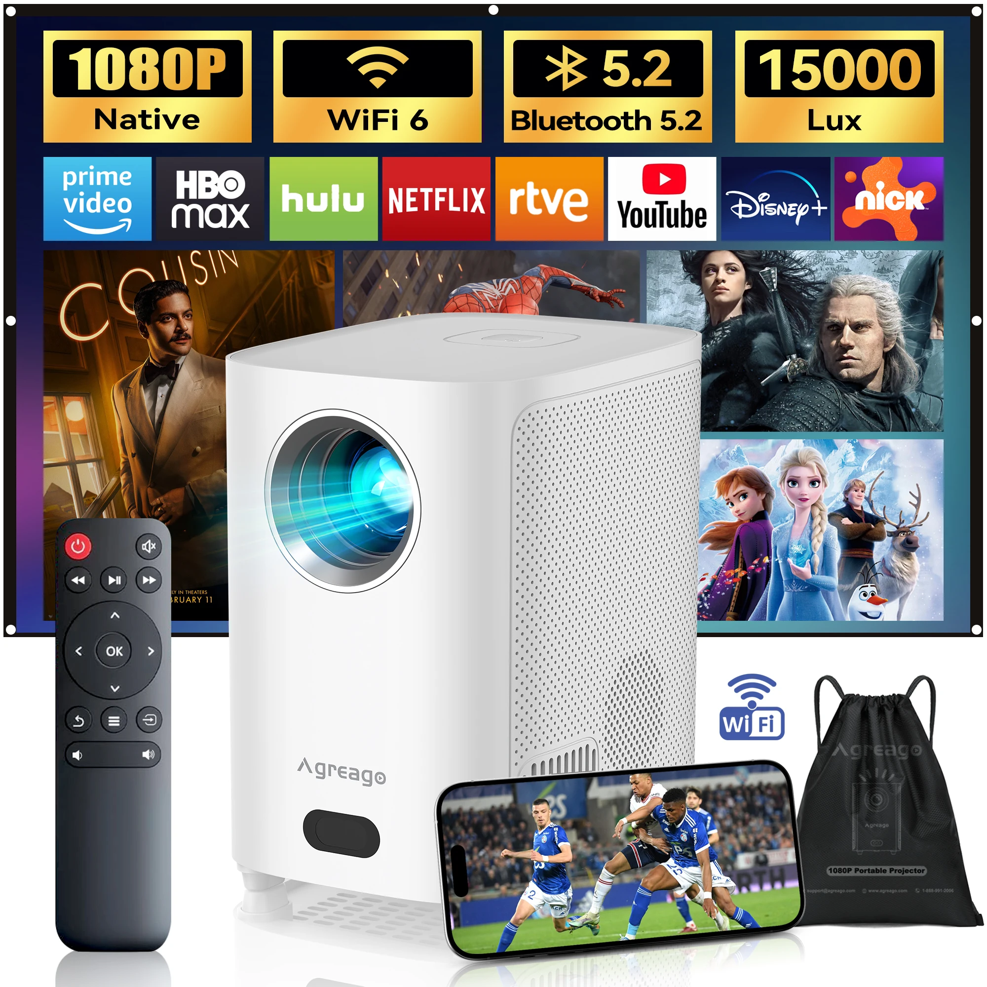 Smart Projector with WiFi and Bluetooth 4K Support 1080P HD Outdoor Movie Projector HDMI USB TV Stick Phone Compatible