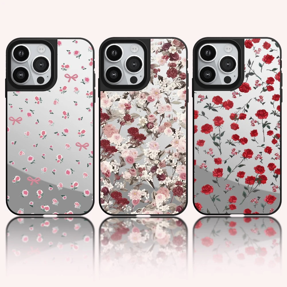 

Mirror Vintage Rose Floral Print Phone Case With MagSafe For iPhone 17 16 14 13 12 15 Pro Max Plus Air Cute Case