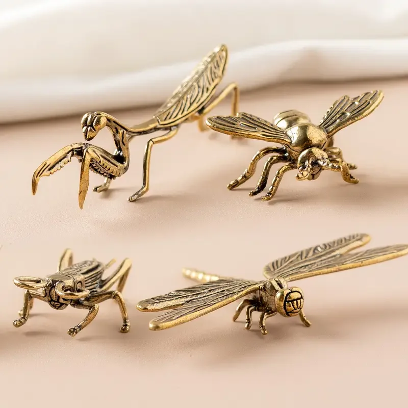 

Brass insect set 4pcs set Statue, dragonfly, cricket, bee, mantis combination set, small figurine decoration ornament
