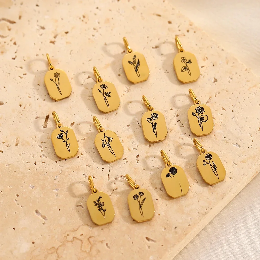 Chic offre spéciale mois de naissance cristal fleur Design plaqué or 316L en acier inoxydable pendentif breloques collier à faire soi-même pour cadeau d'anniversaire