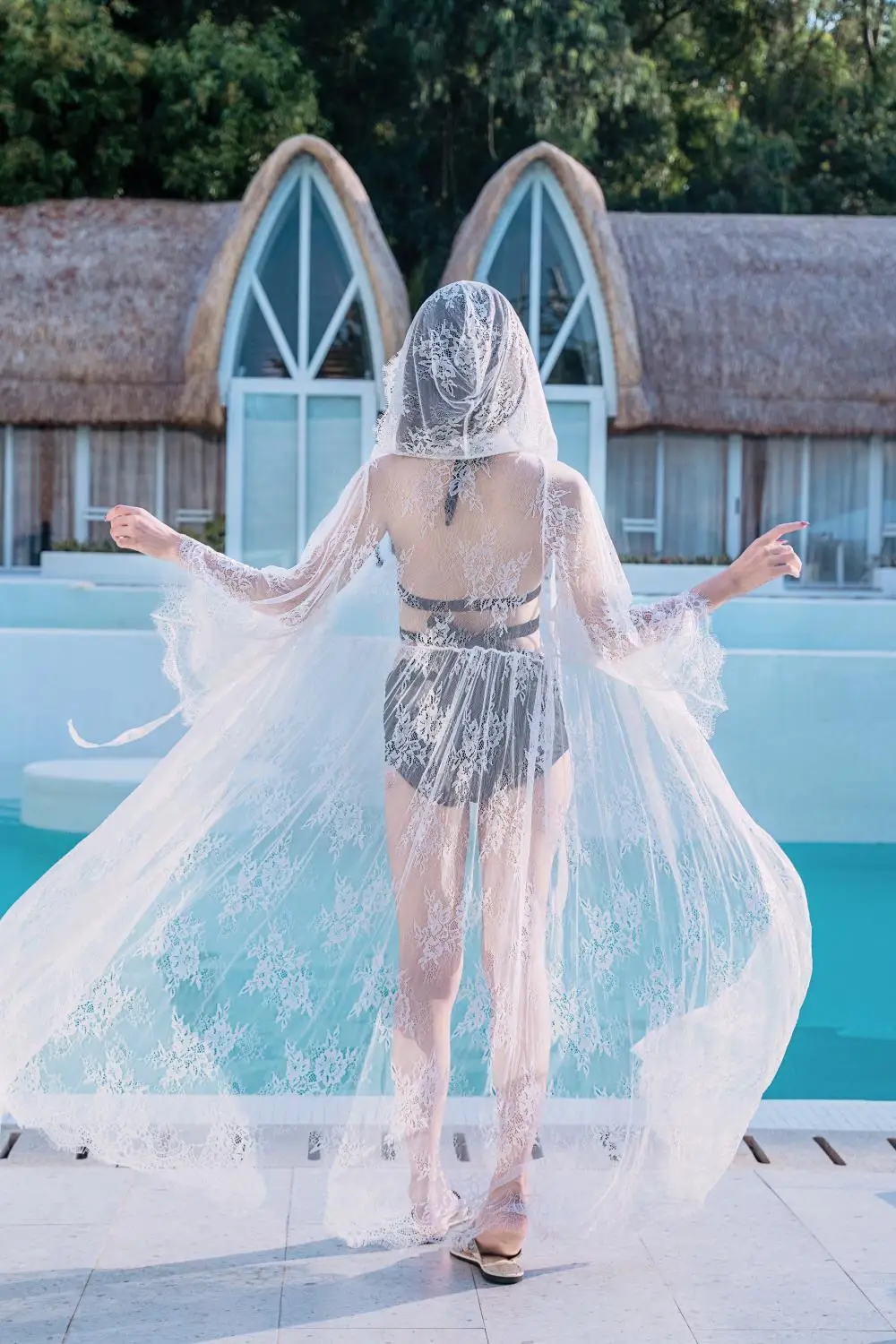 Kapuze transparente Spitze Strand vertuschen lange Strickjacke Frauen Bade bekleidung Strand kleid Kaftan Badeanzug Vertuschungen Badeanzug Beach wear Tunika