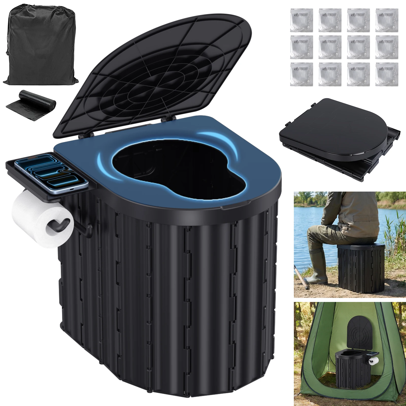 Toilette portable pliable avec porte-papier amovible, pot portable pour usage intérieur/extérieur, urgence, camping, pêche