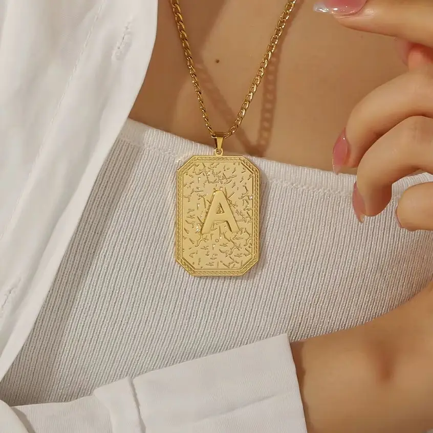 

Personalized Cracked Texture Retro Necklace Custom Stainless Steel Letter Name Brand Pendant Initials Men's Necklace Gift For Hi