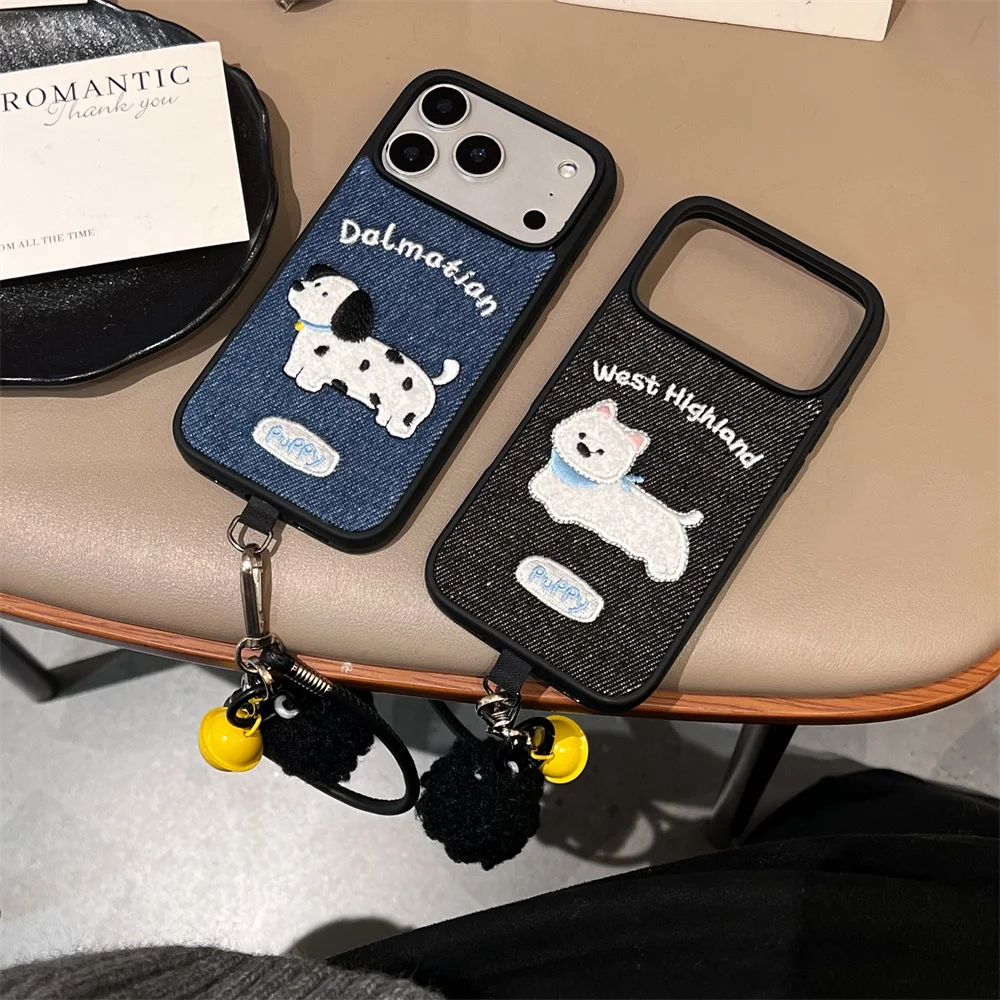 

New Cute Denim Embroidered Black and White Bottom Dog Suitable for iPhone 17 Pro Max/13/14/15/16 Pro Max Anti Fall Package