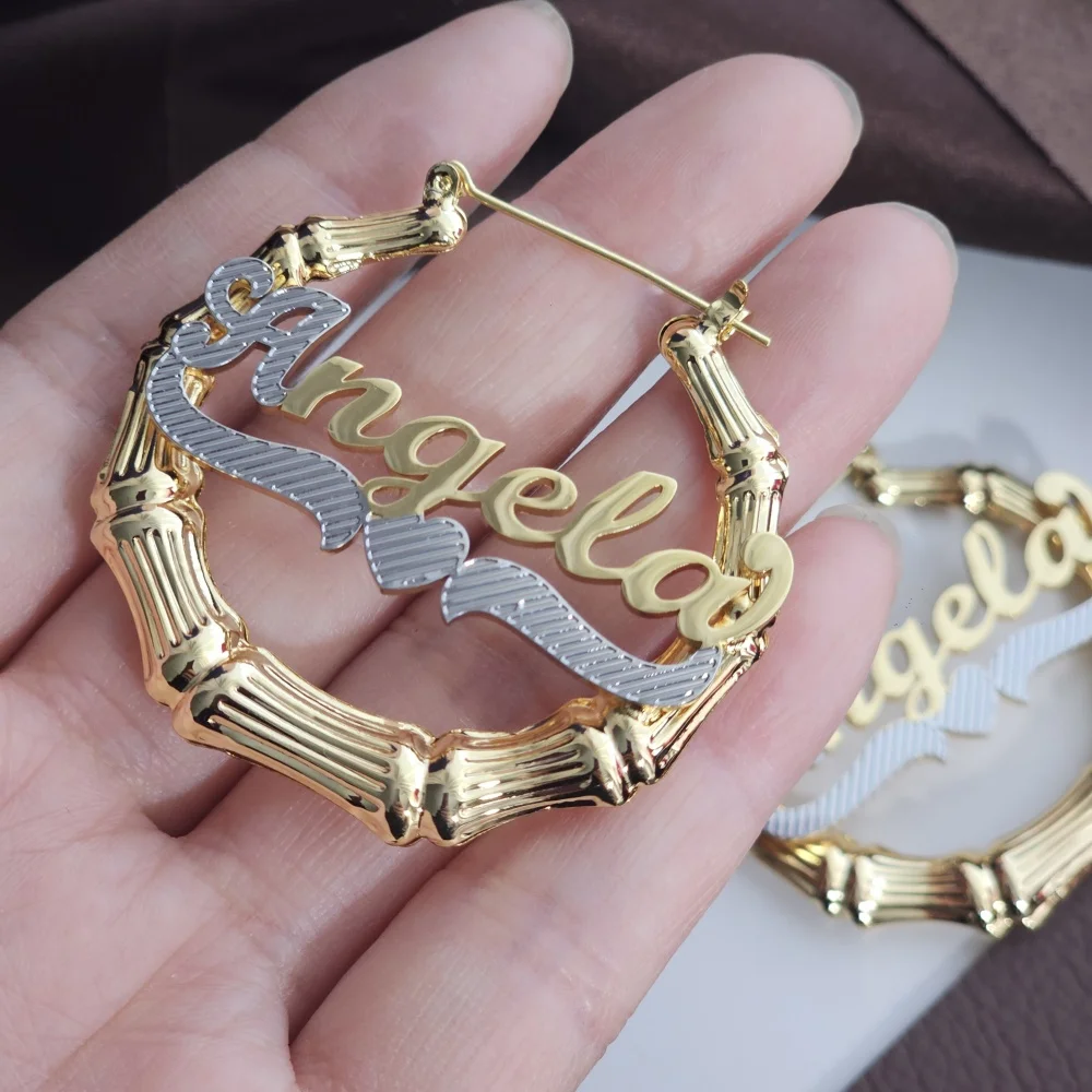 Custom Letter Earrings For Women Personalized Bamboo Knot Stainless Steel Round Name Eardrop Hip Hop Jewelry Gifts For Wife