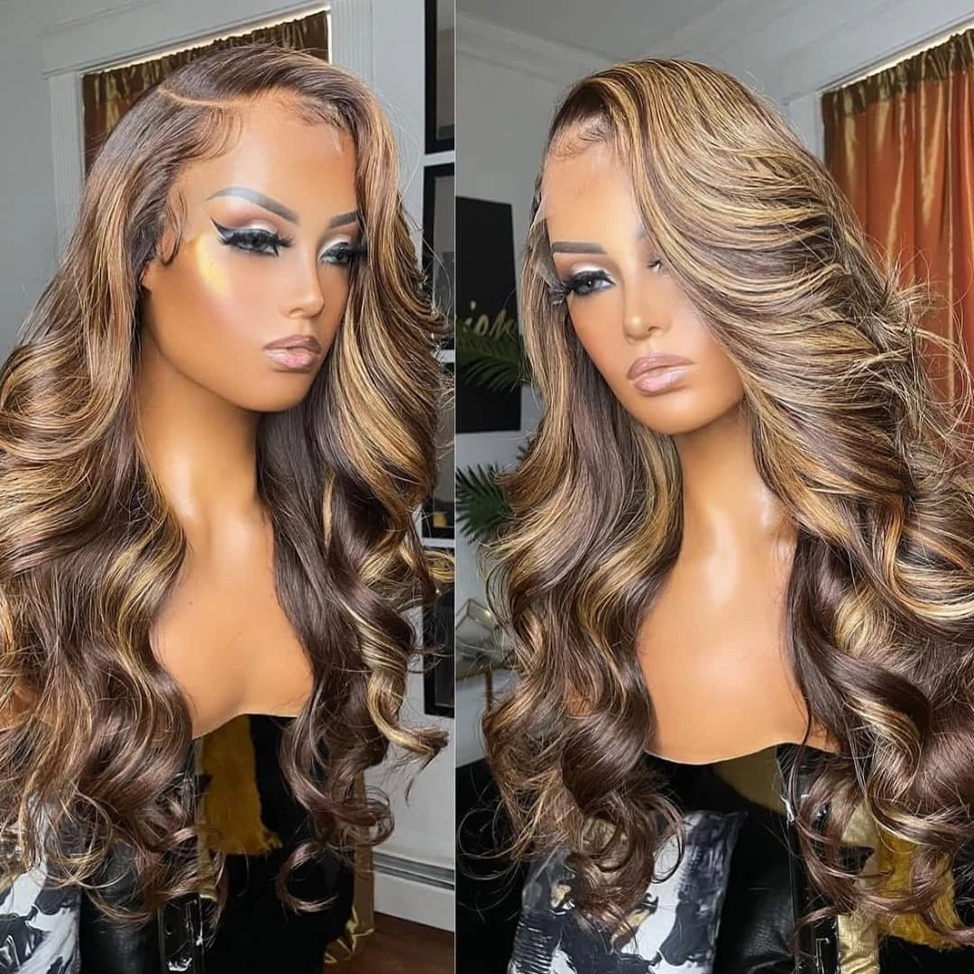 Links 40 Inch 4/27 Highlight 13x6 HD Transparent Lace Frontal Wig For Women 250% Body Wave Wig Colored Ombre Blonde Human Hair