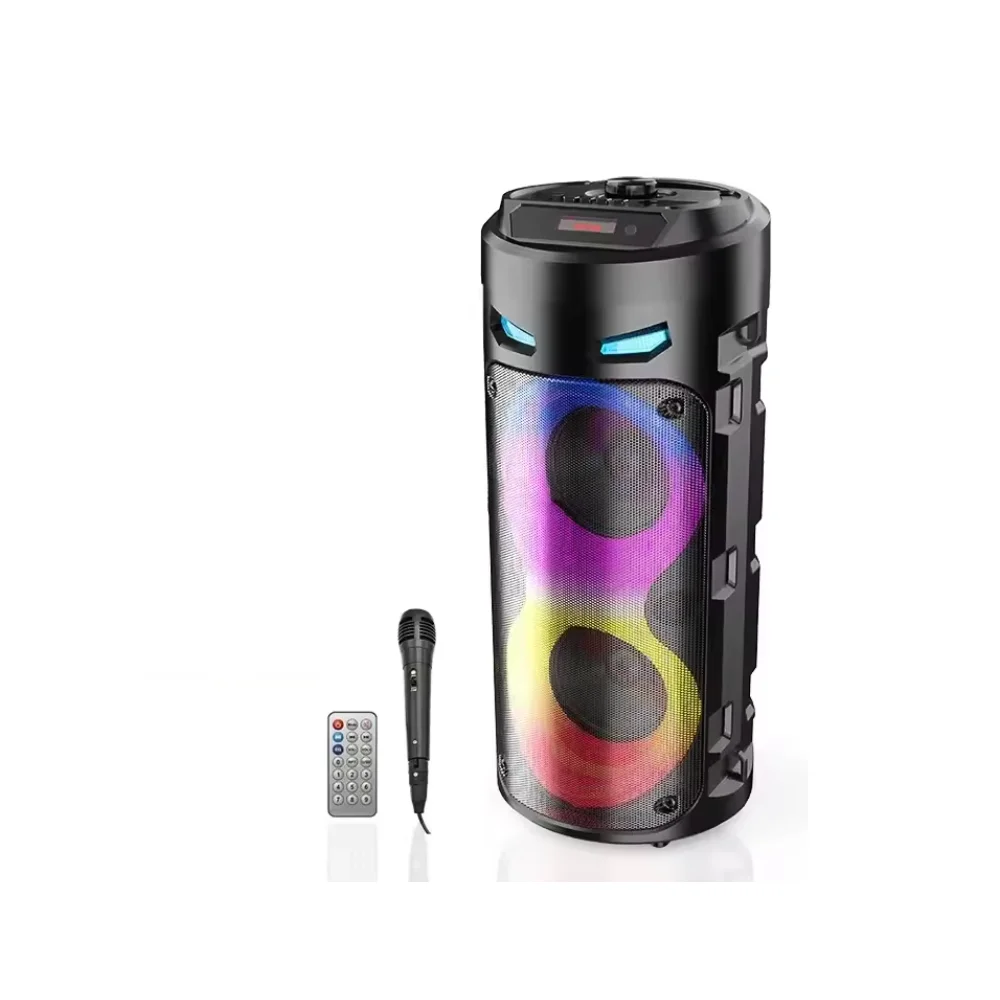 ALTAVOZ DE 8W x 2. CON MANDO A DISTANCIA Y MICRÓFONO INCORPORADO. LUZ LED. RECARGABLE. ADMITE TARJETA, AUXILIAR Y USB.