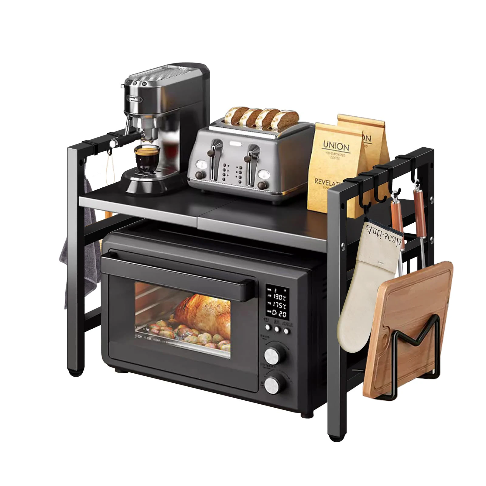 Scaffale per forno a microonde espandibile, con ripiano per microonde regolabile a 6 ganci, supporto per mensola per organizer da bancone da cucina, rack di stoccaggio