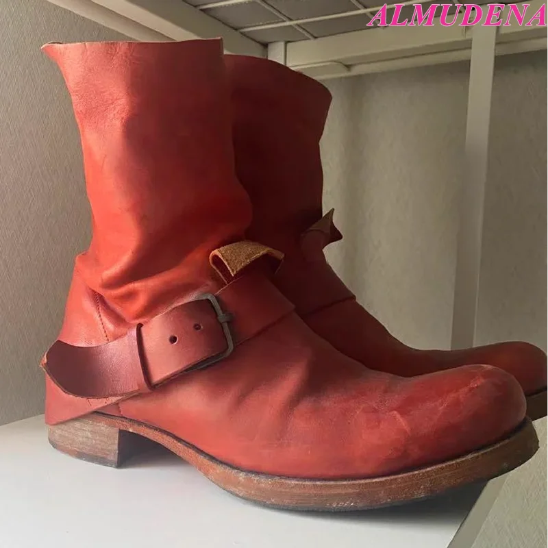 Vintage Wasteland Red Leather Chunky Heel Ankle Boots Women's Buckled Flat Round Toe Big Size Booties Soft Luxury Designer Shoes