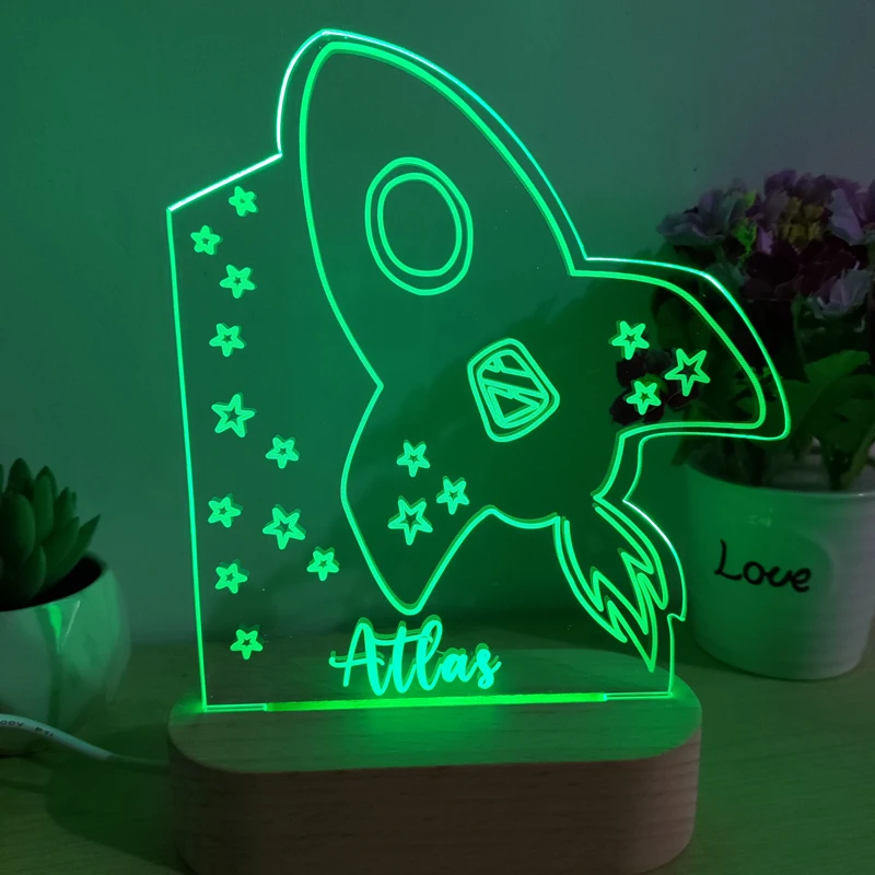 Personalizowana lampka nocna LED z motywem rakiety do pokoju dziecięcego, imię klienta, akrylowa lampka nocna