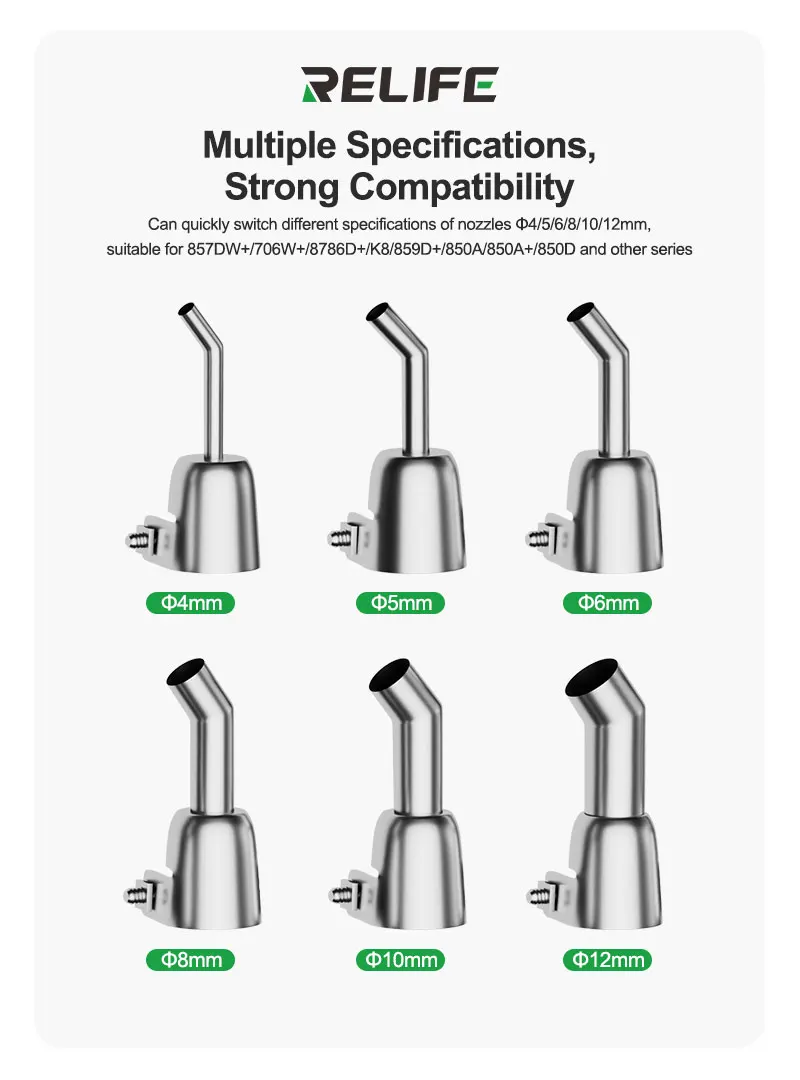 RELIFE 857 Series Curved Nozzle 304 Stainless Steel for 857DW+/706W+/8786D+/K8/859D+/850A/850A+/850D Hot Air Guns Bent Oblique