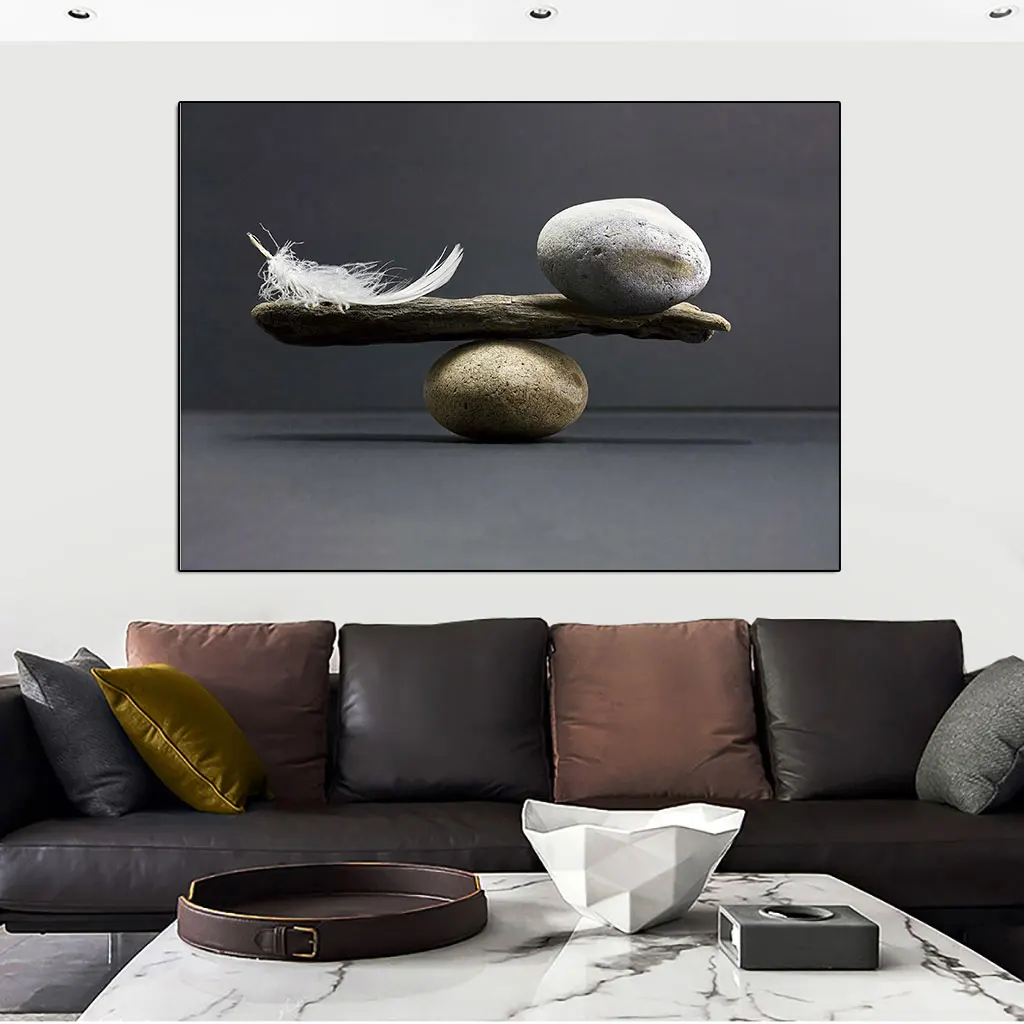 

Prints Painting Poster Stone and Feather Balance Canvas Mural Wall Art Picture Nordic Modern Style Living Room Home Decoration