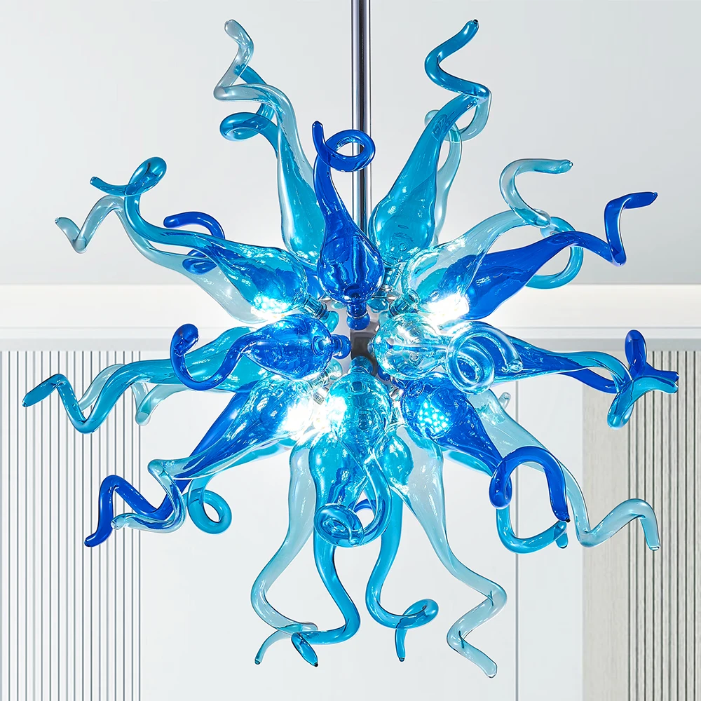 LONGREE Blue & Teal Art Deco Chandelier 6Lights D20” Luxury Hand Blown Glass Hanging Pendant Light Fixture for Dining Room