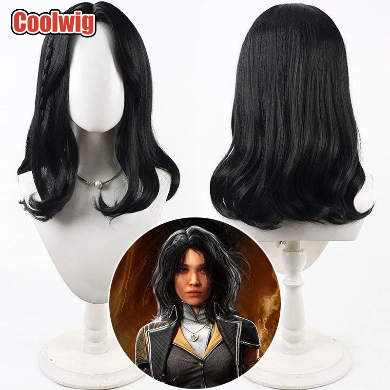 Coolwig Synthetic Hair Lune Cosplay Wigs Clair Obscur: Expedition 33 Lune Halloween 45cm Long Wavy Black Wig Heat Resistant