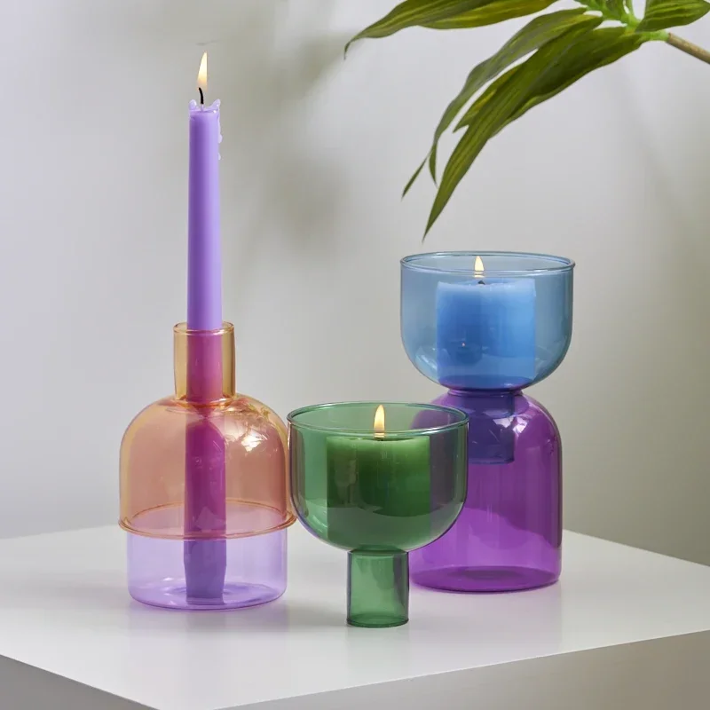 Kerzenhalter für Stumpenkerzen, Ständer, Heimdekoration, bunte Blumenvase aus Glas, dekorative