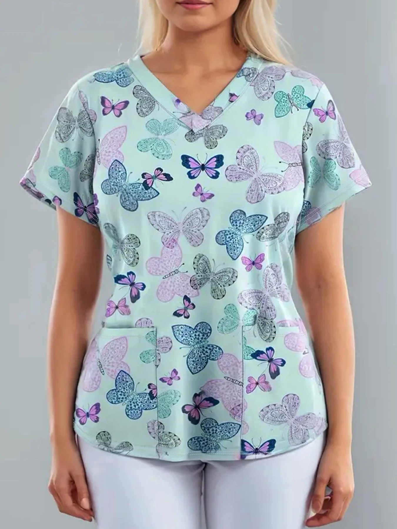 XUANSHOW Plus Size Women Nurse Style Scrub Top Colorful Butterfly Print Short Sleeve Uniform V Neck Summer Casual Tees