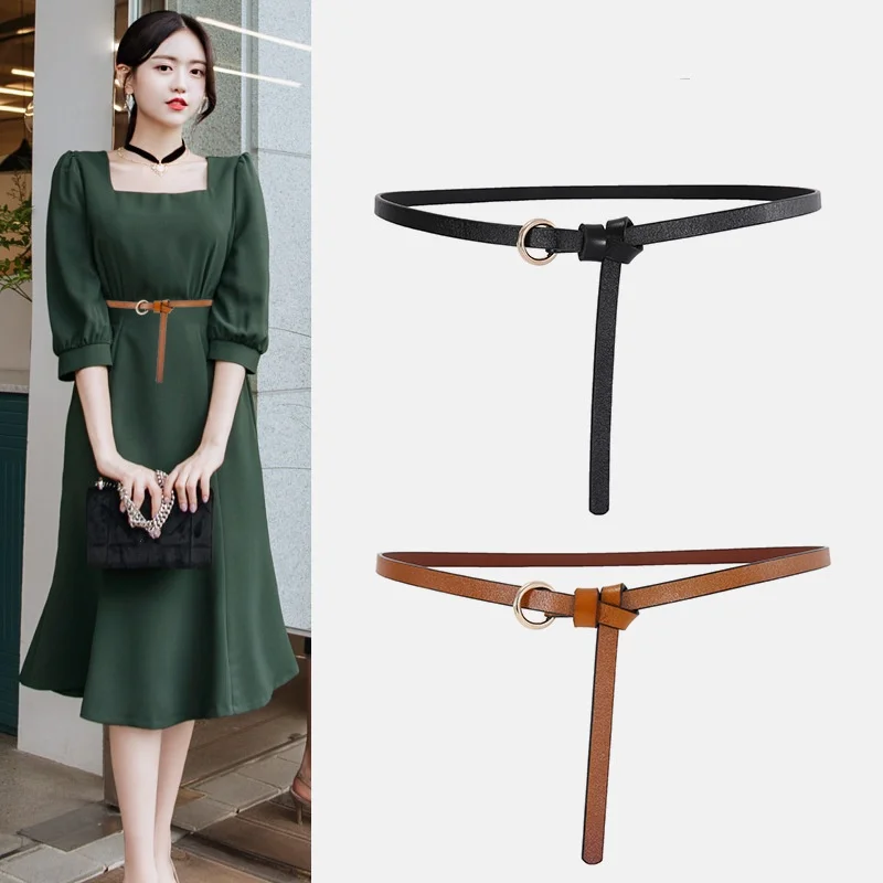 

Retro Skinny Waistband PU Leather Belt with Circle Metal Button-down Knotted Women's Belt for Dress Sweater Pants