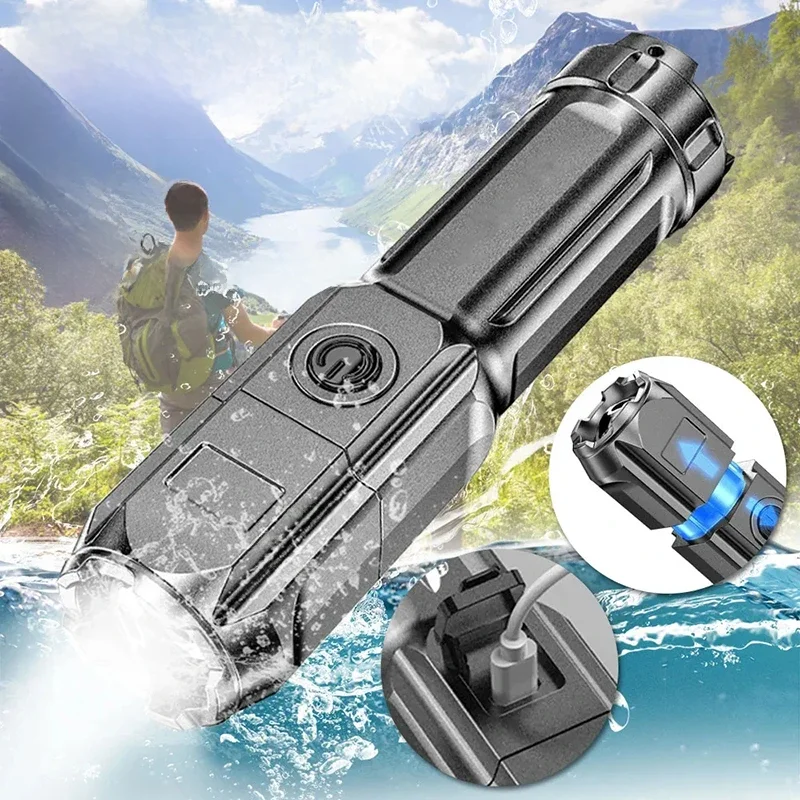Lampe de poche LED puissante, torche Rechargeable par USB, Portable, Zoomable, pour Camping, 3 Modes d'éclairage, pour randonnée en plein air, urgence