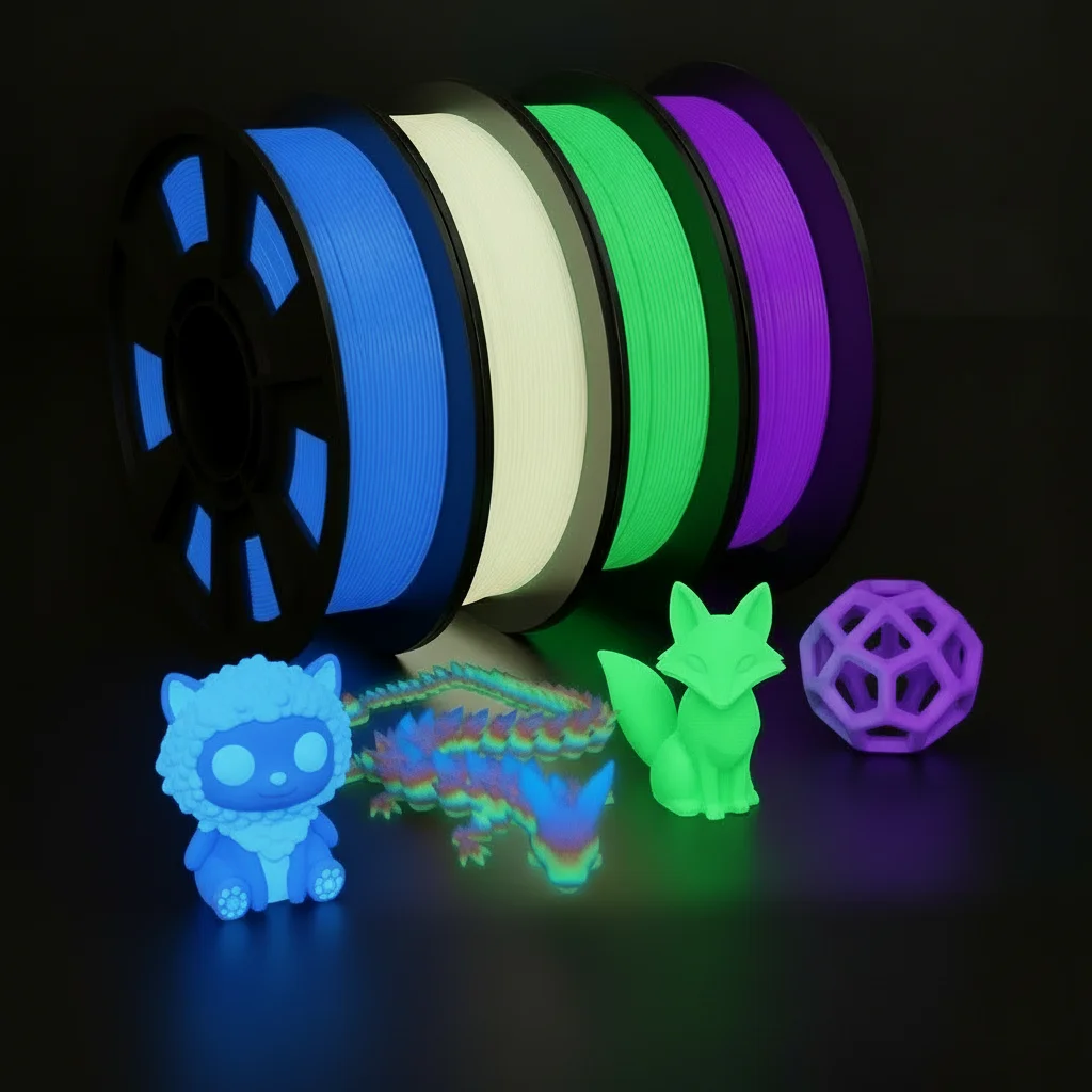 

Набор из 4-х катушек светящегося в темноте PLA-филамента для 3D-принтера, разные цвета: синий, зеленый, фиолетовый, радужный, 250 г каждая, диаметр 1,75 мм