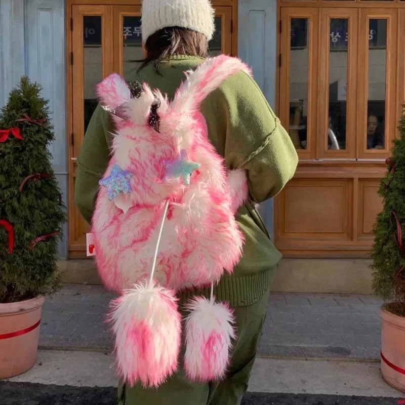 Y2k dziewczęcy plecak ze sztucznego futra koreańska modna Gradient pluszowe plecaki zimowa puszysta torba szkolna o dużej pojemności różowa tornister — zdjęcie 2