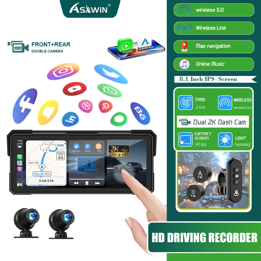 Carplay دراجة نارية أندرويد السيارات TMPS 2K عدسة مزدوجة داش كام واي فاي بلوتوث IPS شاشة تعمل باللمس دعم سيري/جوجل التحكم الصوتي #1