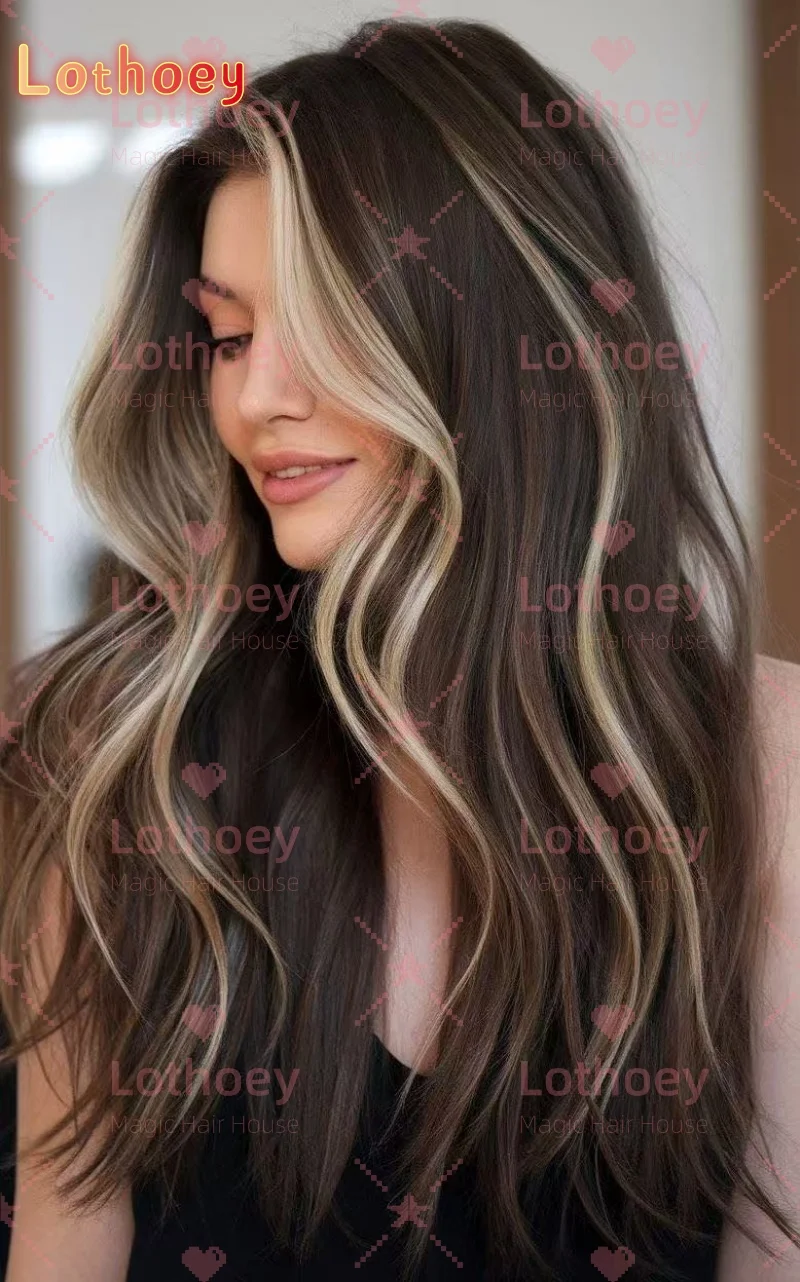 Градиент Натуральный коричневый Выделенный натуральный блеск Окрашенный белым золотом Индивидуальный повседневный парик на шелковой основе Парик с объемной волной Человеческий w