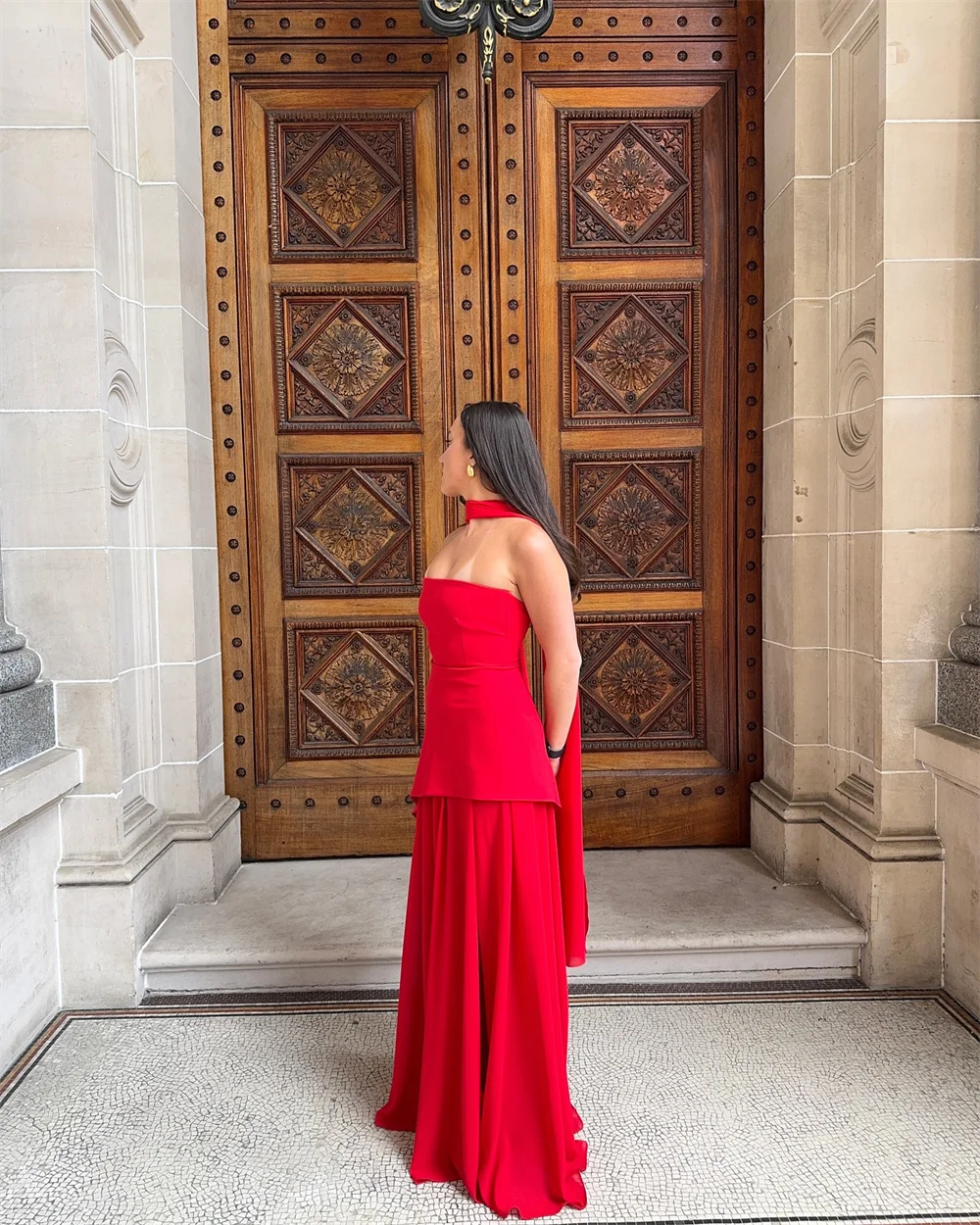 Sansa Rode Strapless Schede Aangepaste Galajurken Afneembare Sjaal Zijhoge Split Feestjurken Vloerlengte Avondjurken