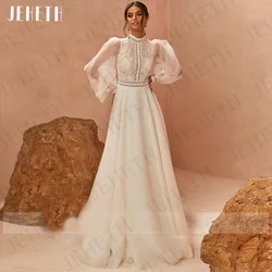 JEHETH Organza Wedding Dress Boho Vestidos De Boda 2025 Long Puff Sleeves A-Line Bride Gowns High Neck Lace Appliques Bridal